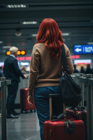 Rear view of person at airport check-in area with suitcase and bag. for travel, tourism, airport services, vacation, and transportation themes.の素材