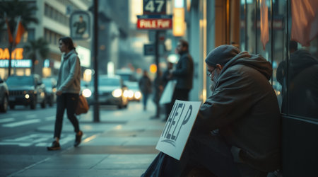 Person experiencing homelessness displays cardboard help sign on city sidewalk. for social issues, poverty awareness, urban life, charitable causes, and economic inequality coverage.の素材