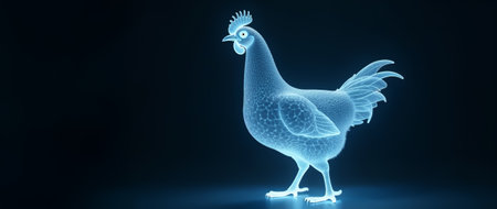 White rooster with modified DNA. Modern biotechnology concept illustration for genetics, agriculture innovation, and scientific research themes.の素材