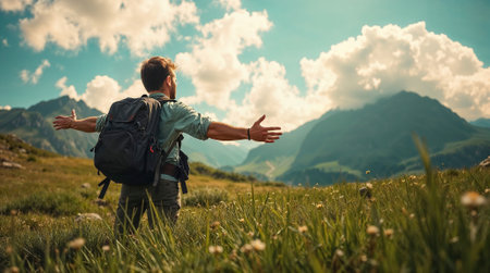 Man with backpack standing in mountain meadow with arms outstretched. for travel, adventure, freedom, outdoor lifestyle, hiking and tourism concepts.の素材
