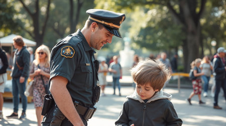 A police officer is interacting with a young boy in the park. Great for illustrating community relations, law enforcement, and public service.の素材