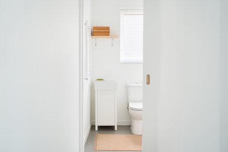 Clean modern bathroom featuring white cabinet, toilet, window with blinds and neutral decor. for home design, real estate, renovation projects.の素材