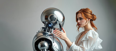 Young woman with robot in futuristic setting portraying human-machine relationship. for AI technology, future concepts, robotics, and human-technology interaction themes.の素材
