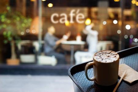 Abstract people in coffee shop and text cafe in front of mirror, soft and blur concept