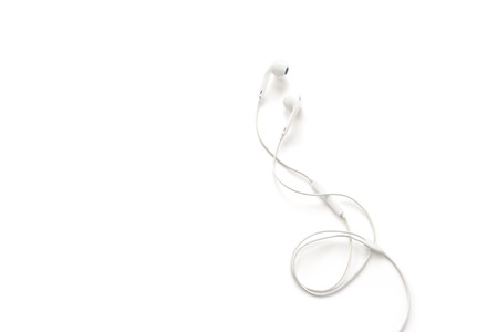 white earphones on white background, blank textの写真素材