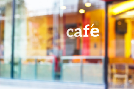 colorful and pastel coffee shop and text cafe in front of mirror for background, soft and blur conceptの写真素材
