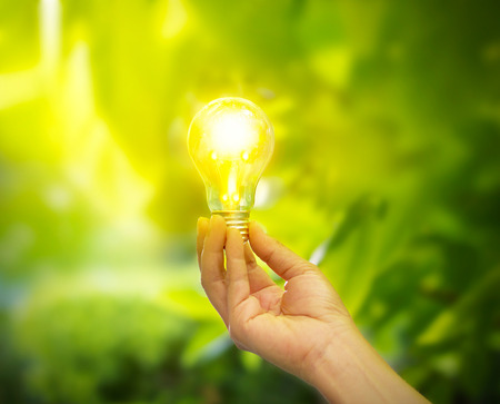 hand holding a light bulb with energy on fresh green nature background, soft focus