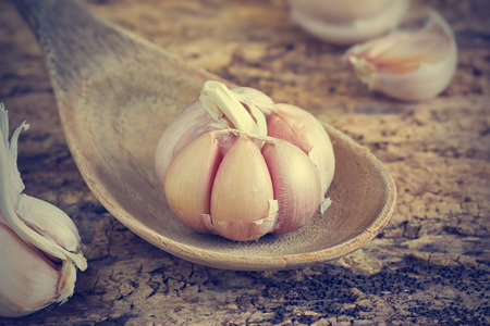 Garlic on the wooden spoon and wooden background, Vintage colorの写真素材
