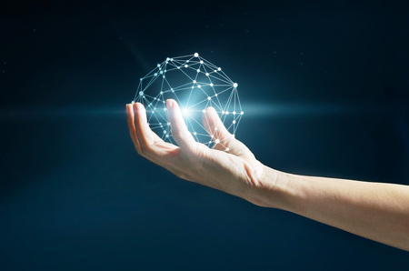 Abstract science, circle global network connection in hand on stars at night backgroundの写真素材