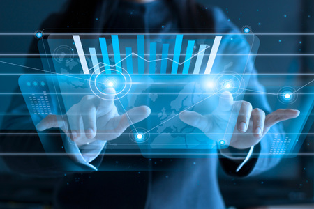 business woman touching virtual screen, pushing icon on media at dark background
