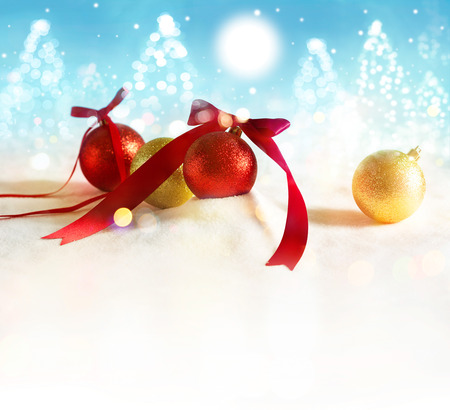 Christmas background with red and gold bauble on blue background, Blank textの写真素材