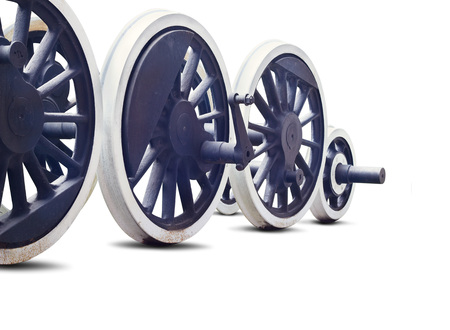 wheel of steam locomotive, classic and retro train on white background, blank textの写真素材