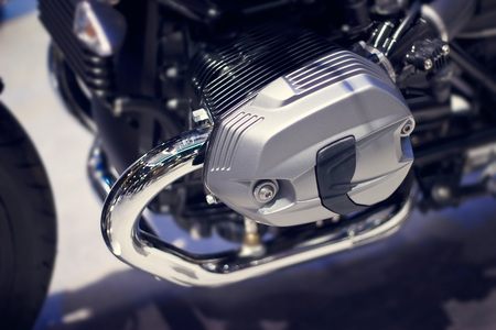 Chrome modern motorcycle engine close-up