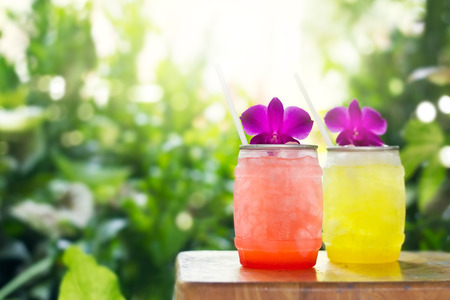 Colorful cool drink in summer on nature backgroundの写真素材