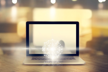 Abstract science, circle global network connection on laptop backgroundの写真素材
