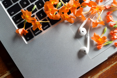 Relaxing time concept, fresh flowers and earphone on  laptop in summerの写真素材