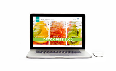 Laptop with healthy website on the screen on isolated white background, infusion diet and detox, all screen graphics are design upの写真素材