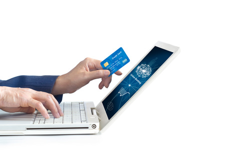 Man using mobile payments online shopping and icon network connection on screen, online banking and omni channelの写真素材