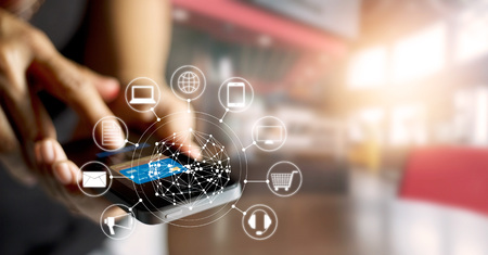 Man using mobile payments online shopping and icon customer network connection on screen, m-banking and omni channelの写真素材