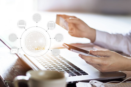 Man using mobile payments online shopping and icon customer network connection on screen, m-banking...