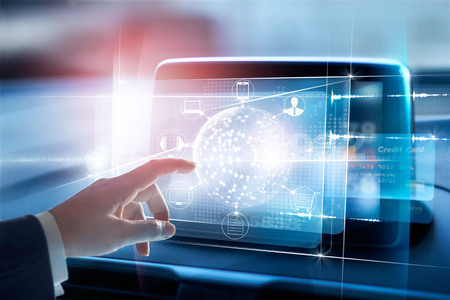 Hands touching circle global network connection and icon customer on virtual screen , Omni Channel and online payment, all on screen are design upの写真素材