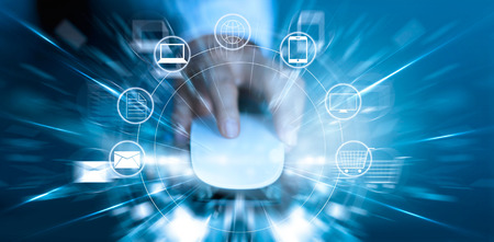 Man using mouse payments online shopping and icon customer network connection fast speed, m-banking and omni channelの写真素材
