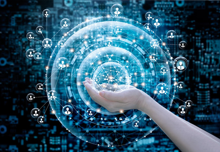 Hands holding on abstract circle global business network connectionの写真素材