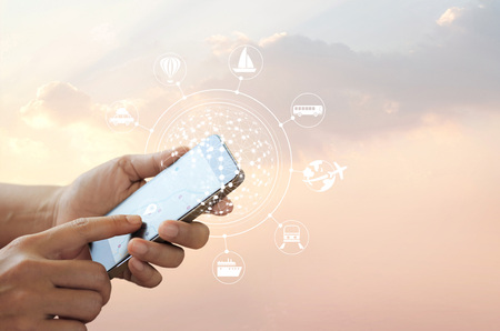 Man using mobile travel online and icon network connection on screen, traveler concept, all on...