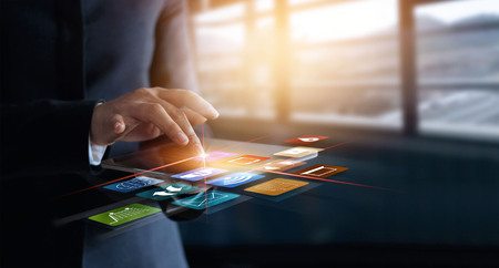 business woman using mobile payments online shopping and icon customer network connection on virtual...
