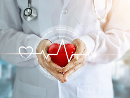 Doctor with stethoscope and red heart shape with icon heartbeat in hands on hospital backgroundの写真素材