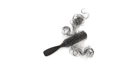 Hairs loss fall in comb on white background, blank textの写真素材