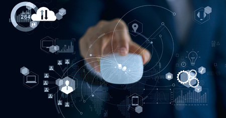 Business technology, businessman using mouse global networking data exchanges  communication teamwork and people on worldwide information backgroundの写真素材