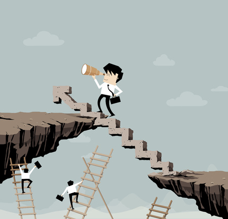 Businessman looking and searching for opportunities in telescope standing on graph growth on cliff, success and vision concept, illustration in flat designの写真素材