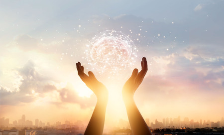 Abstract palm hands touching brain with network connections, innovative technology in science and communication, conceptの写真素材