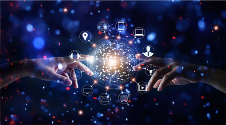 Hands touching global connection and icon customer networking data exchanges on glitter bright...
