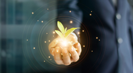 Businessman hand with coins and sprout. Plant growing on pile of coins money. Money growth concept.の写真素材