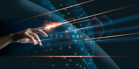 Hand finger with lighting touching global network connection, internet fast speed, on dark...