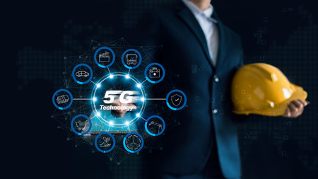 Manager engineer. Businessman holding tablet and icon business is growing from 5G technology. Future and trend marketing. Global business and communication network connection.の写真素材