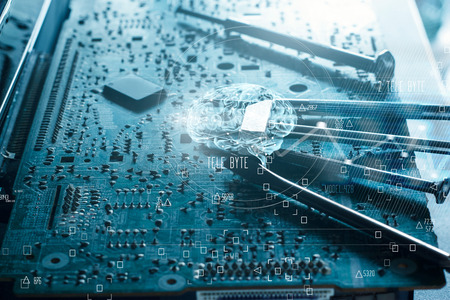 Abstract. Science and innovative. Brain and electronic circuit board computer hardware mainboard...