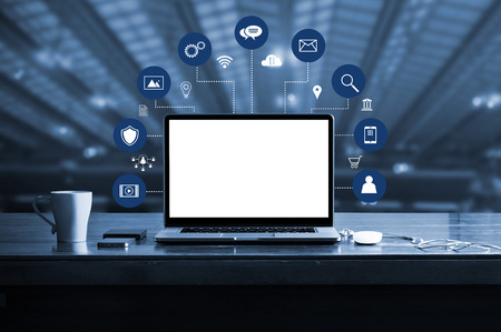 Digital marketing. laptop computer with white screen blank and virtual icon digital marketing...