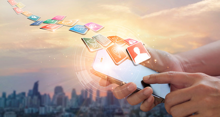 Hands using mobile payments, Digital marketing. Banking network. Online shopping and icon customer...
