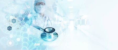 Stethoscope, Medicine doctor analysis dna, brain and Digital healthcare on network connection on...