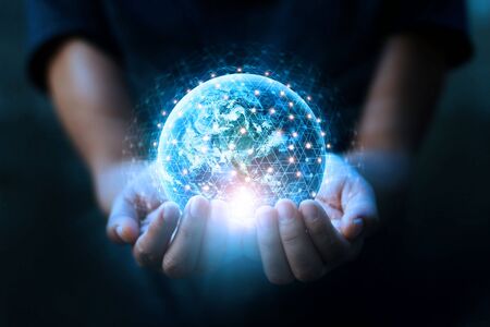 Man hands holding blue earth and global networking connection and data exchanges