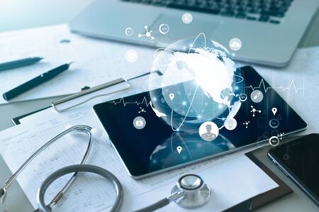 Medical global networking and healthcare global network connection on tablet, Medical technology.