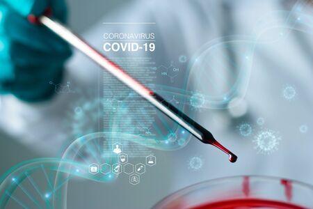 Science and medicine, Scientist analyzing and dropping blood a sample into a glassware, experiments...