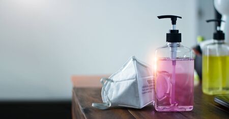 Gel for hand hygiene coronavirus protection, Hand sanitizer and  covid-19 prevention medical masks for stop spreading corona virus.の写真素材