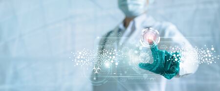 Medicine doctor push stop button outbreak and pandemic of coronavirus or covid-19 on modern virtual...