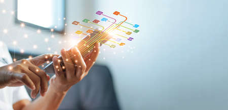 Hands using mobile payments, Digital marketing. Banking network. Online shopping and icon customer...