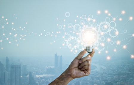 Double exposure. New ideas. Innovation and creativity. Technology and development. Businessman hand...
