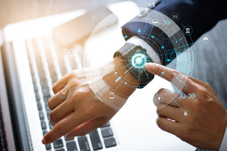 Businessman touching smart watch finding and research of digital marketing sales data on global...